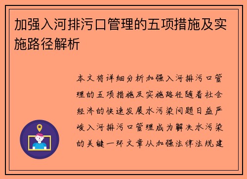 加强入河排污口管理的五项措施及实施路径解析